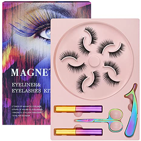 QiGui Magnetische Falsche Wimpern Kit 3D Künstliche Wimpern Natürliche Glueless Handgemachte Falsche Eyelashes Wasserfester Eyeliner 5 Paar Wiederverwendbare Magnet Wimpern Mit Pinzette Und Schere