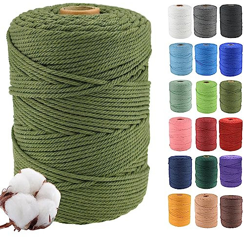 3mmx500m Cuerda de Algodón Natural para Macramé - Cuerda de Algodón para Macramé, 4 Hebras Torcidas de Algodón 100% Natural para Colgantes de Pared Hechos a Mano, Bricolaje, Manualidades,verde oliva