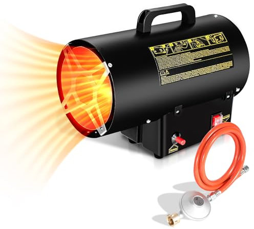 Randaco gasvärmare med tryckregulator, 10 kW, för gasflaska, 700 mbar. Verksam yta: 150 m², gasvärmefläkt för inomhusbruk, byggarbetsplatser, ventilerade förråd, garage osv.