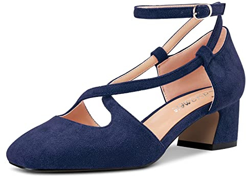 Castamere Femmes Mi Bloc Chunky Talon Heel Carré Bout Lanières Croisées Escarpins Party Cute Chaussures Bleu Marin Suède 38 EU