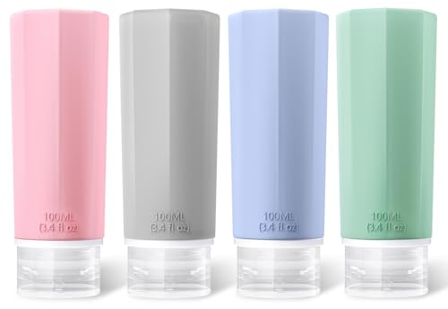 Opret 100ml Silicone Travel Bottles for Toiletries, 4 Pcs Leak Proof Portable Travel Container Refillable Squeezable 3.4oz for Shampoos and Conditioner, BPA Free and TSA Approved