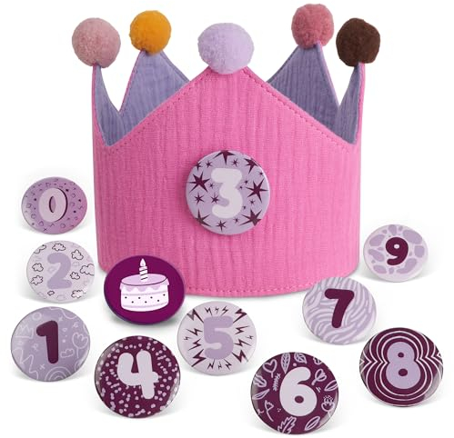 Juicy Bumbles Baby-Geburtstagskrone für Kinder, wendbare Geburtstagskronen für Kinder mit Zahlenabzeichen, Geburtstagskrone, Partyhut aus Musselin-Baumwolle, Mauve und Rosa