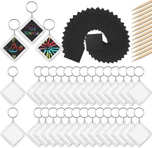 Tenare 30 Stück Schlüsselanhänger mit Kratzbilder Set Selber Gestalten Regenbogen Kratzpapier Schlüsselanhänger Acryl Bastelset für Party Mitgebsel