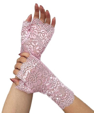 Wambere Guantes de encaje, guantes sin dedos, guantes vintage para mujer, bordado de encaje, protección solar, guantes de muñeca para novia, accesorios para boda, fiesta de té, fiesta, Halloween, rosa