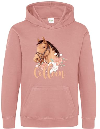 Purple Print House Personalised Horses Head Girls Hoodie Horse Riding Horse Head Kids, 9-11 Years, Dusty Pink