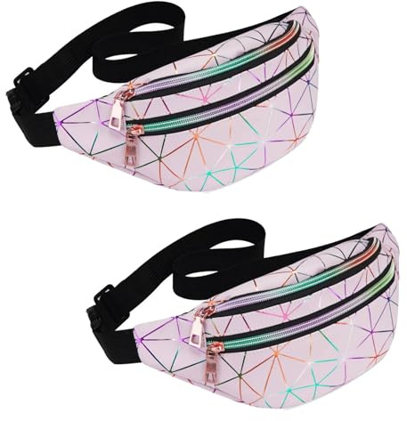 Holografische Bauchtasche für Damen, Festival, Party, Rave, glänzend, Hüfttasche mit verstellbaren Gürteln, Bauchtasche für Sport, Reisen, Fitness, Wandern, Freizeit, 2 x Diamand Pink, Einheitsgröße,