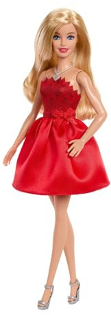 Barbie Mattel 80 aniversario Muñeca de moda de celebración rubia con vestido rojo rubí, collar y zapatos plateados, juguete coleccionable, JGD25