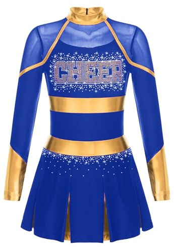 Vxuxlje Costume Pom-Pom Girl Enfant Fille Déguisement Halloween Carnaval Robe Danse Gymnastique Manches Longues Uniforme Pompom Dancewear Bleu 11-12 ans