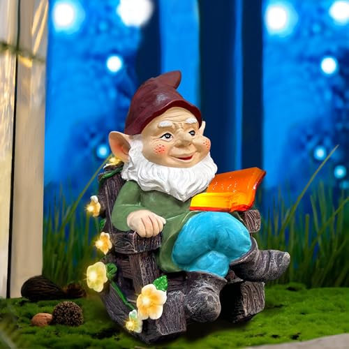 Solar Garden Gnome Statues Outdoor, Fairy Halloween Rocking Chair Gnomes Reading Book Succulents Figurines Lights Yard Art Sculpture Home Decor for Outside Patio Balcony Lawn, Unique Loved One Gifts