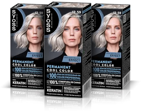 Syoss Permanent färg 12–59 platinablond, ask, grå täckning, 3 st | Full täckning av grått hår, 100 dagars färg, reflektionsfri matt blond, djup ton, inkluderar Keratinmask
