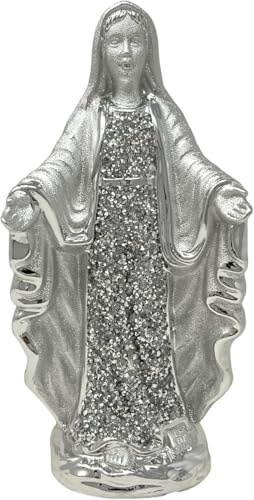 Silver Virgin Mary Statue 25cm – Crushed Diamond Effect Our Lady of Grace Figurine | Catholic Religious Ornament for Home, Altar, Prayer Room, Wedding or Mother Gift