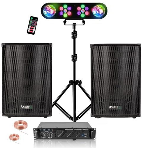 Ibiza - Pack Sono 3000 W Total - 2 altavoces pasivos 2 x 700 W - AmpliAMP1000-MKII 2 x 800 W - Juegos de luces de pie ajustable - Noche