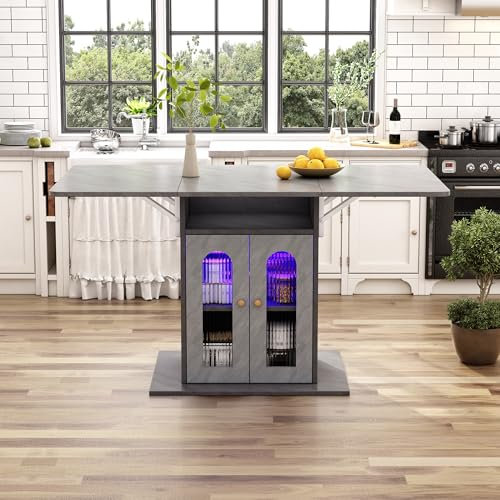 Merax Ausziehbarer Esstisch, klappbarer Esstisch mit Stauraum, 2 Türen, 2 Fächer, LED-Beleuchtung, für Küche und Esszimmer, Grau, 50/140 x 78 cm