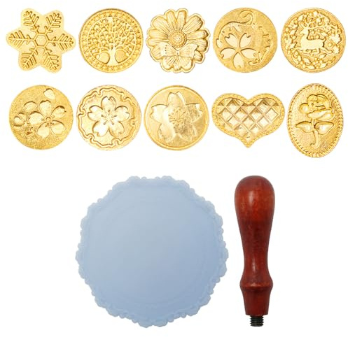 Wax Seal Stamp Set, 10 Different Wax Seal Stamps with Removable Wooden Handle and Pad, Personalised Sealing Heads for Envelopes, Invitations, Cards, Gift Packing Etc.