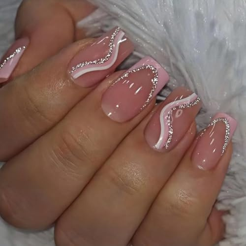 24PCS Square False Nails - Medium Length Pink French Tip with Glitter Silver Swirl Design, Press-On Full Cover Acrylic Nail, Removable Glue-On Fake Nails for Women & Girls (Nail Art Accessories)