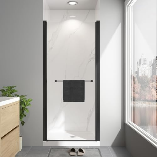 EASYWORC Frameless Pivot Shower Door 34-36 W x 72 H, Swing Shower Glass Doors with Nano Explosion-Proof Film Tempered Glass 1/4(6mm) Reversible Installtion, Matte Black Finish