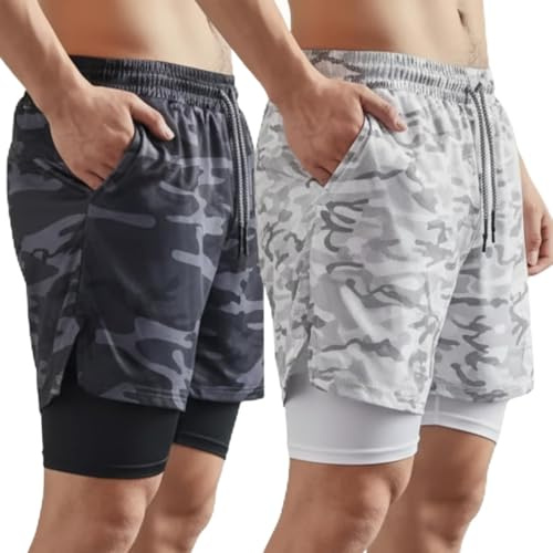 Genérico Pack de 2 Pantalones Cortos con Malla Ajustada 2 en 1 Deportivos Hombre para Gimnasio, Fitness, Culturismo y Gym. (FR/ES, Letras, L, Regular, Regular, Estándar, Camuflaje Blanco/Negro)