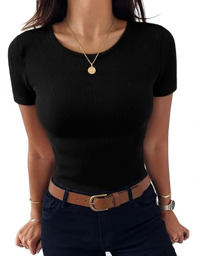 Aottori Summer T Shirt Women Short Sleeve Tops Crew Neck Ribbed Tee Shirt Ladies Basic Base Layer Undershirt Slim Fitted Casual Solid Tunic Top UK Black S