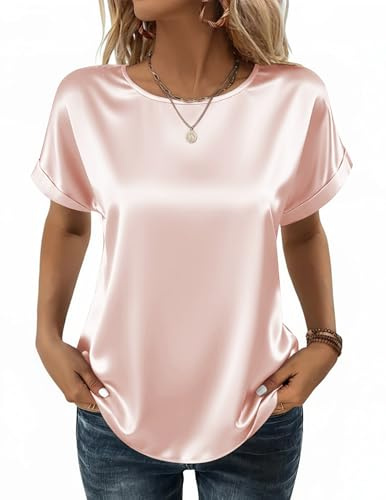 Blouses for Women Summer Crew Neck Silk Elegant Blouse Tunic Solid Shirts