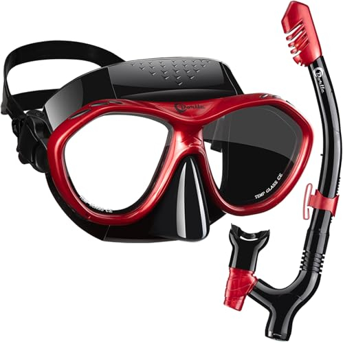 Dorlle Schnorchelset mit Schnorchel und Taucherbrille， Verbesserter 3-Kanal Dry Schnorchel und Anti-Fog Anti-Leck aus Gehärtetem Glas, Premium Schnorchel Set Tauchmaske für Erwachsene,Schwarz/Rot
