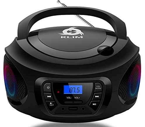 KLIM Boombox - Radio CD Portatil con Bluetooth, MP3, USB, AUX, Radio FM - Reproductor de CD con Pilas Recargables Incluidas - Modo inalámbrico y Cable Nuevo - Negro