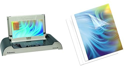 Fellowes Thermorelieur Helios 30, pour relier jusqu'à 300 feuilles A4, mise en veille auto, isolation de la chaleur, Noir et gris, 5641001 & 5379601 - Pack de 20 Chemises à reliure Thermiques 1,5 mm