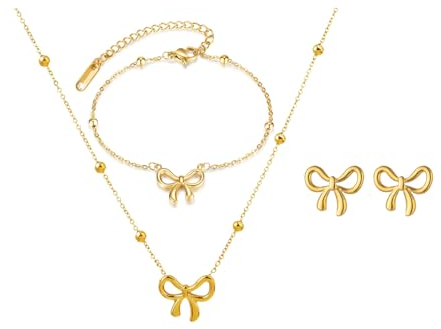 HSAJS Schmuck Set für Damen Schleifen Schmuckset Halskette Ohrringe Armband Set Hypoallergene Modeschmuck Geschenke für Frauen und Mädchen