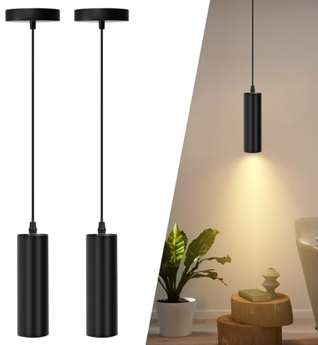 Aigostar Black Pendant Light Fitting, Ceiling GU10 Fixture, Cylinder Pendant for Kitchen Island Bedroom - 2 Sets