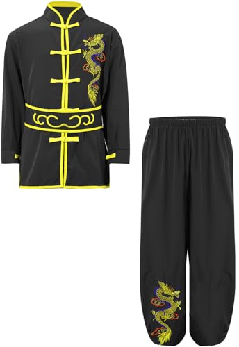 RUNQHUI - Traje de ropa infantil unisex para artes marciales (traje tradicional chino de uniforme Tai Chi Kung Fu Shaolin, 3-16 años), Negro , 11-12 años