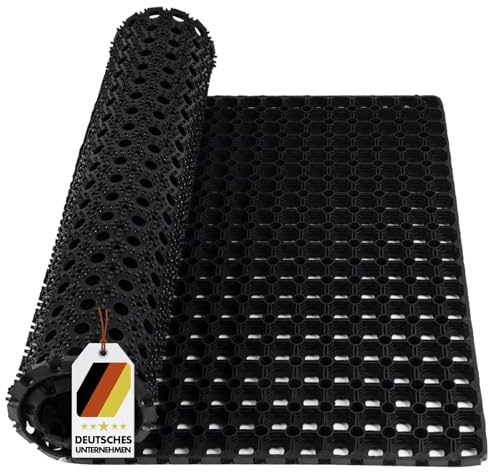 Karat Tapis en Caoutchouc à Anneaux, Anti-salissures, paillasson, nid d'abeille, Drainage, antidérapant, extérieur, 60 x 80 cm, Noir, Sol Dur