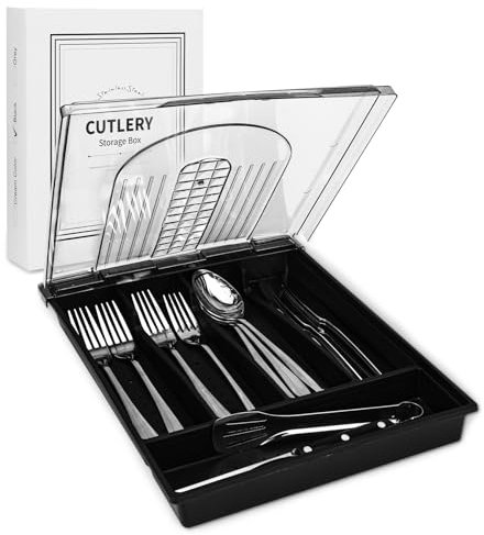 Portaposate con coperchio, portaposate per cassetti della cucina e piano di lavoro, rivestimento rimovibile portaposate in plastica per cucchiai, forchette, coltelli, 5 scomparti, organizer da cucina