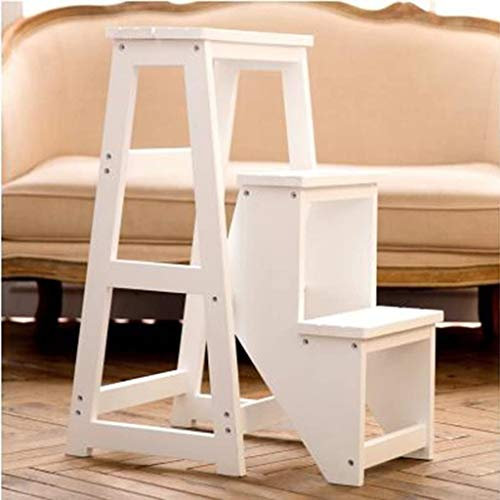 Wooden Folding Step Stool Chair with 3 Layers Multi Functional Household Ladder for Indoor Use Non Slip Portable Stairway White