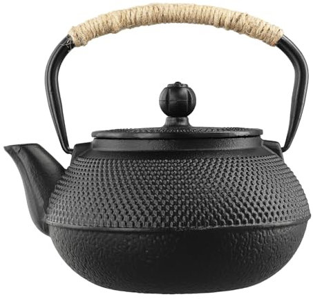 Tetera de hierro fundido, tetera japonesa negra con infusor, 900 ml, tetera tradicional japonesa de hojas sueltas con colador de malla y diseño de clavo