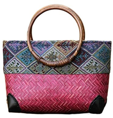 TOTIKI Sac De Plage Bambou Tissage Sac À Main Tissé À La Main Sac Tissé Femme Sac Stockage Tissé Rotin Sac De Plage Sac Fourre-Tout pour Voyages Vacances(Rot)