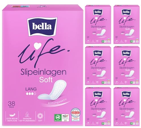 bella life Slipeinlagen Soft Lang | dermatest: SEHR GUT | atmungsaktive Slipeinlagen für Damen im 7er Pack (7 x 38 Stück) | mit Frischeduft und extra weicher Oberfläche