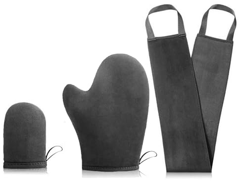 Self Tanning Mitt Set, 3-in-1 Leakproof Lined Fake Tanning Mitt, Tan Applicator with Back Applicator and Face Mitt, Exfoliator Glove and Face Tan Mitt (Black)