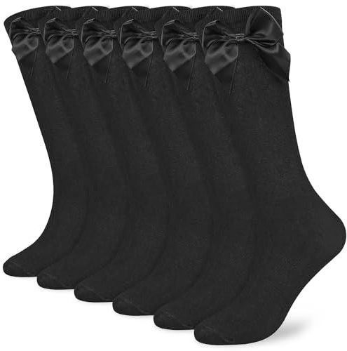 srclo 3 Pairs Girls Knee High School Socks with Fluffy Ribbons Bow, Back to School Wear Long Knee High School Socks (UK, Age, 5 Years, 8 Years, Regular, Black)