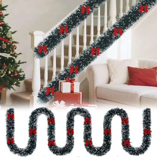 UISEBRT Ghirlanda natalizia artificiale con 36 fiocchi rossi, ghirlanda decorativa per albero di Natale, accessori per feste, giardino, matrimoni, camino, scale, verde scuro, 12 m