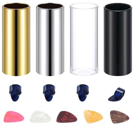 ANCLLO 4 Pcs Glass Slide and Brass Slide in Box,With 4 Finger Cots and 5 Guitar Picks for Guitar, Bass, Medium (6cm)