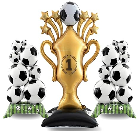 Decoración Fiesta Fútbol 2026 – Globo Gigante Trofeo Autónomo 150 cm con 2 Globos Balón de Fútbol de Pie 98 cm – Decoración para Fiesta Temática, Zona Fan, Noche de Partido y Torneo
