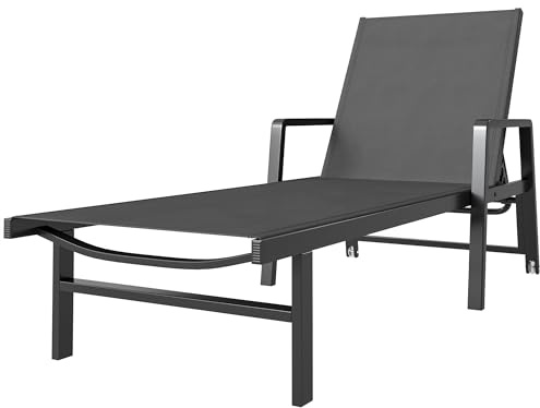 Outsunny Chaise Longue Jardin Réglable à 4 Positions avec Roues et Accoudoirs, en Textilène et Aluminium, Bain de Soleil pour Terrasse Piscine Jardin Plage, 65x189x80cm, Gris Foncé