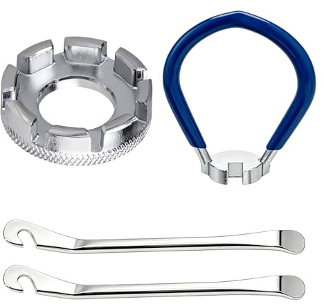 4PCS Clé à Rayon Vélo Kit, Cle a Rayon Velo Multi Tailles avec Dévoilage Roue Velo, 2 Démonte Pneu + Clé à Rayon 8 Encoches + Outil Réglage Rayon Velo pour Entretien Roues à Rayons de Calibre 10-15