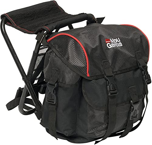 Abu Garcia Kinder-Angelrucksack mit integriertem Stuhl - Leichter, strapazierfähiger und wasserfester Rucksack für Junge Angler, Camping und Outdoor-Abenteuer, Schwarz/Rot