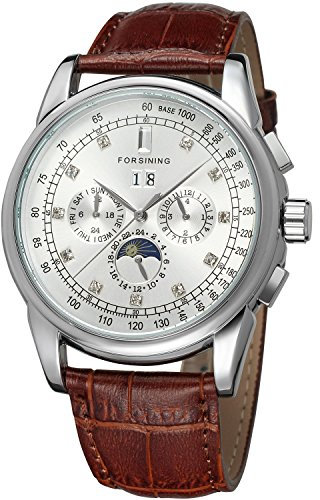 Forsining Men's Self-Winding Analog Movement Moon Phase Unique Design Watch with Leather Strap