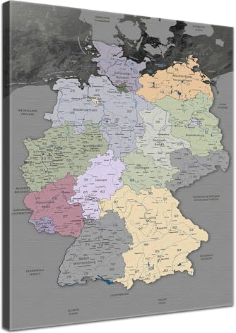 LANA KK - Premium Pinnwand Deutschlandkarte - Edelgrau - Deutsch - in 80 x 120 cm, stabile Rückwand zum Pinnen inkl. Starterkit - Leinwand-Kunstdruck Wandbild Landkarte XXL