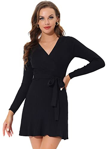 Allegra K Robe Pull Femme col V Manches Longues évasé Cravate Taille Robe Portefeuille Noir L