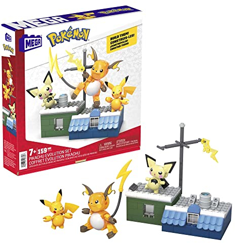 Mega Pokémon Coffret De Construction Évolution Pikachu, avec 3 Figurines Articulées Incluant Pichu, Pikachu Et Raichu, 160 Briques Et Pièces, Jouet Enfant, A Partir De 6 Ans, HKT23