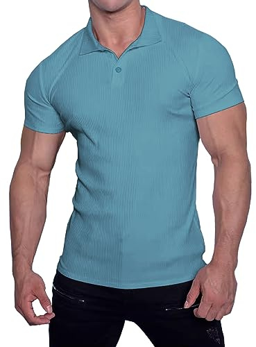 Muscle Cmdr Hommes Coupe Ajustée Muscle Polos Manches Courtes Stretch Séchage Rapide t-Shirt décontracté Golf athlétique T-Shirts (Bleu M)