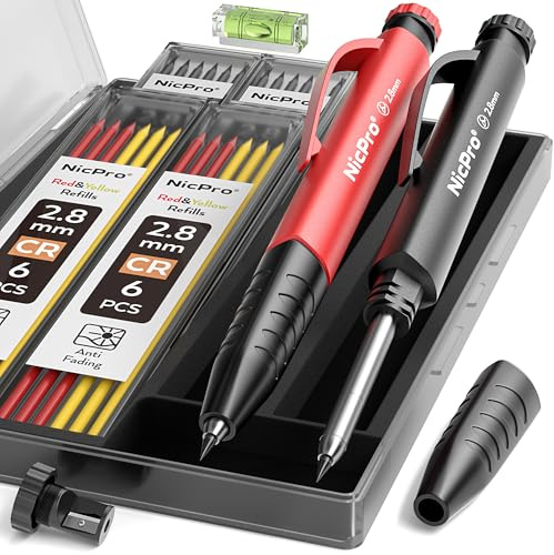Nicpro 2 Pack Carpenter Pencil with Sharpener, Pencils for Construction | 26 Refill, 3-IN-1 Deep Hole Marker with Removable Finger Grip, Heavy Duty Woodworking Pencil for Marking (Black, Red)