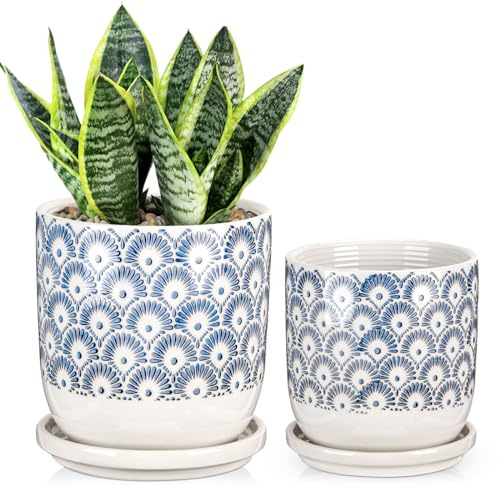Hollyone 2PCS Ceramic Plant Pots 13CM 15CM, Indoor Round Garden Planters with Saucers and Drainage Hole, Blue Flower Pots Decorative Succulent Pots Outdoor Cactus Pots Mini Herb House Plants